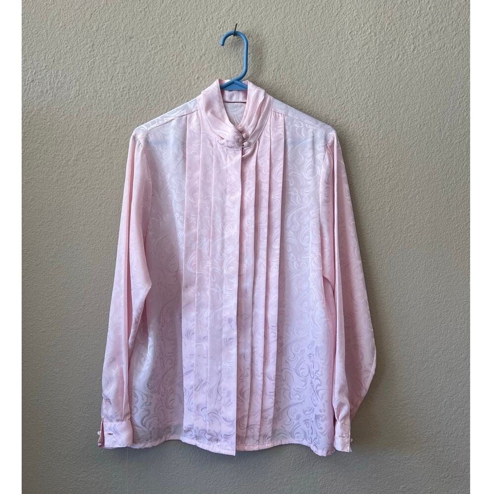 intage 80s pink floral long sleeve blouse size L